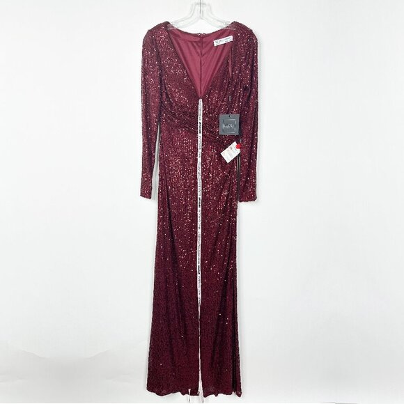 NWT Mac Duggal Sequined Faux Wrap Long Sleeve Column Gown Wine 4 - Picture 3 of 8